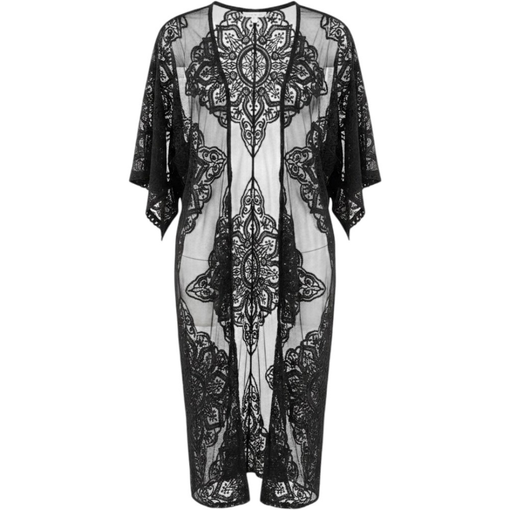 Black Lace Kimono Cardigan Women S-M Sheer Embroidered Mesh Boho Goth
